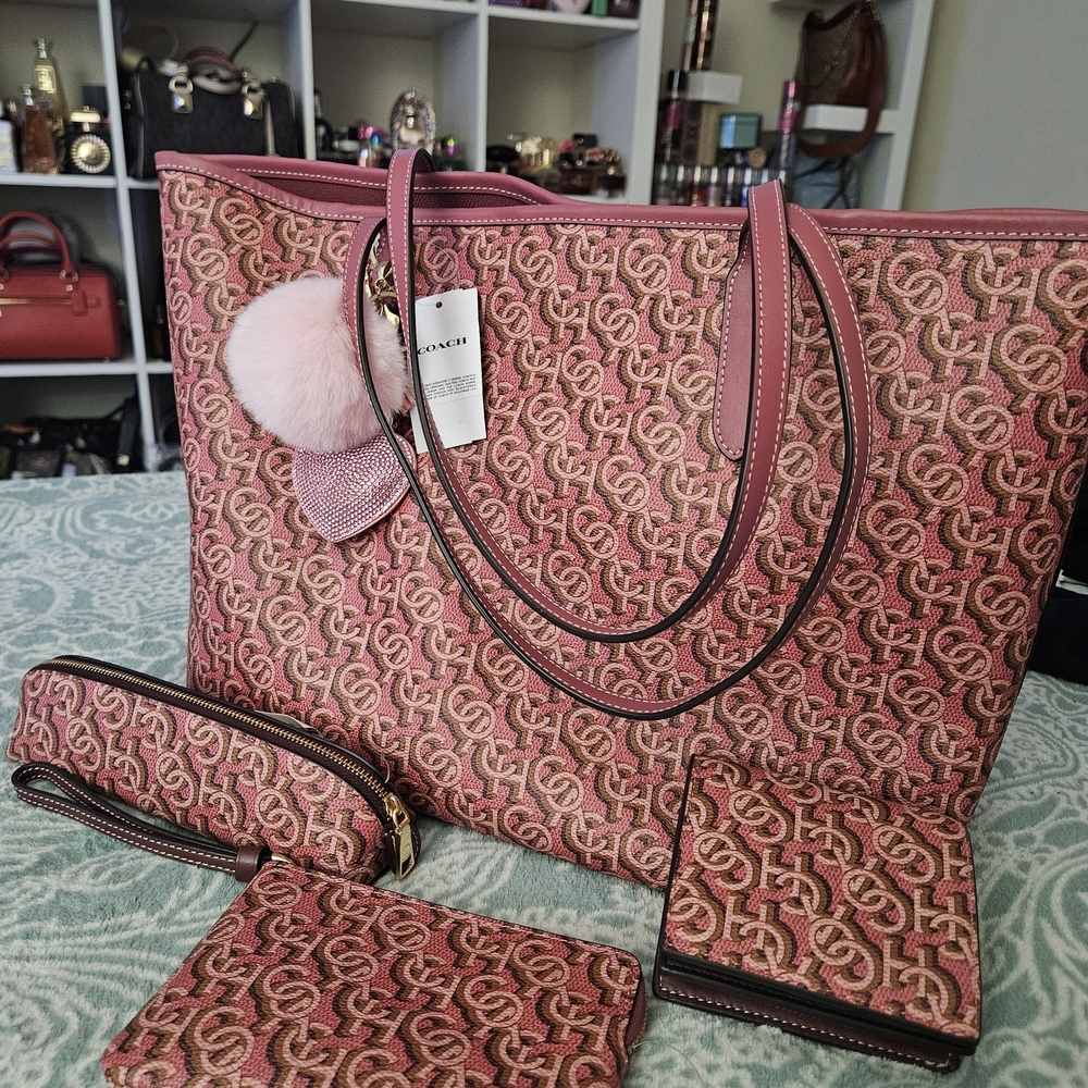 Coach Monogram City Tote In Rouge With Matching Wallet, Pencil Case And Wristlet